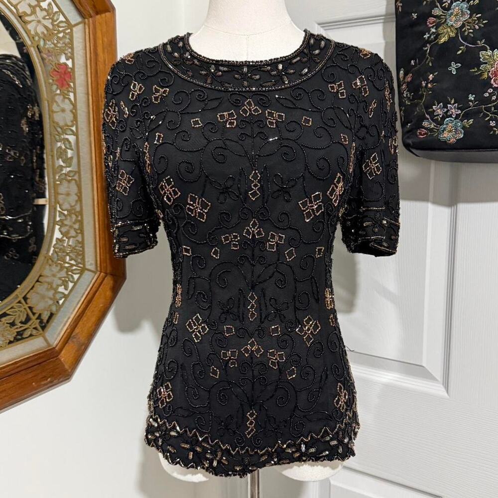 VTG 90s Mes Ami Black Silk & Shifty Gold Floral Floral Whimsy Beaded Sequin Top